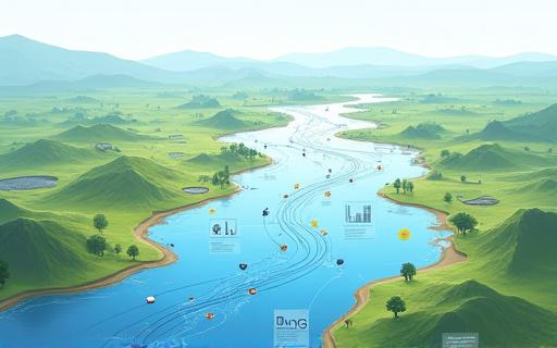 Diagram showing a watershed and water flow analysis.